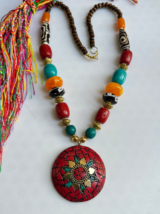 Nepalese Long Necklace with Red Medallion