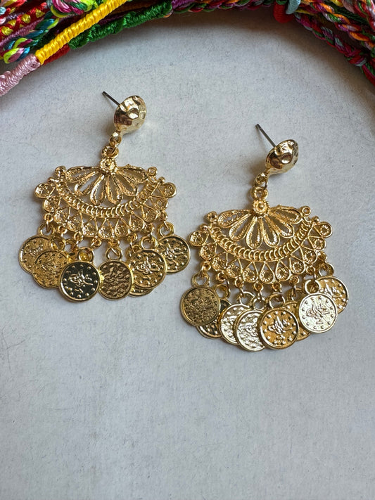 Golden coin fan earrings