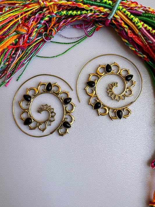 Golden onyx spiral boho earrings