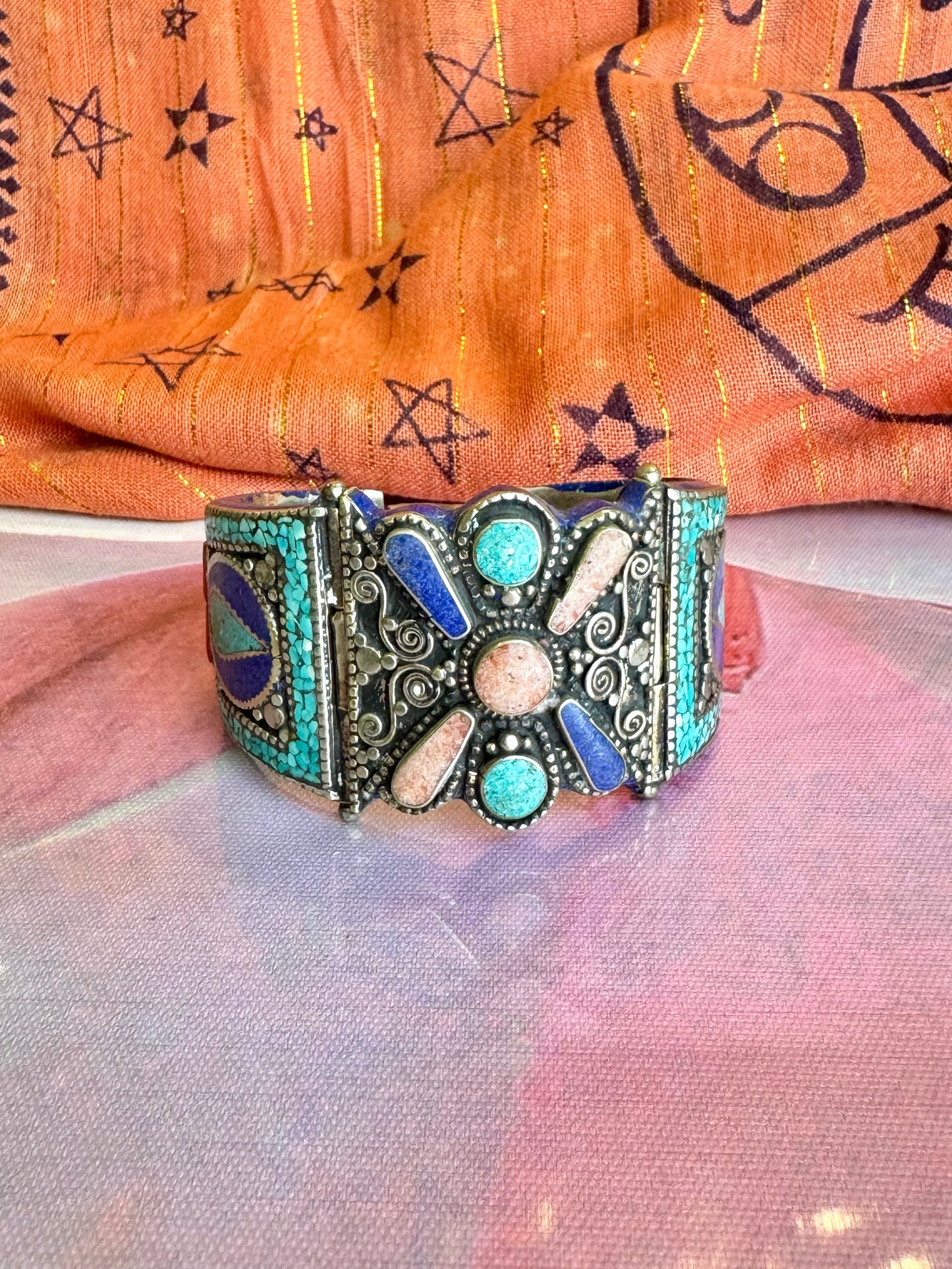 Vintage Nepalese pink and blue turquoise flower bangle bracelet