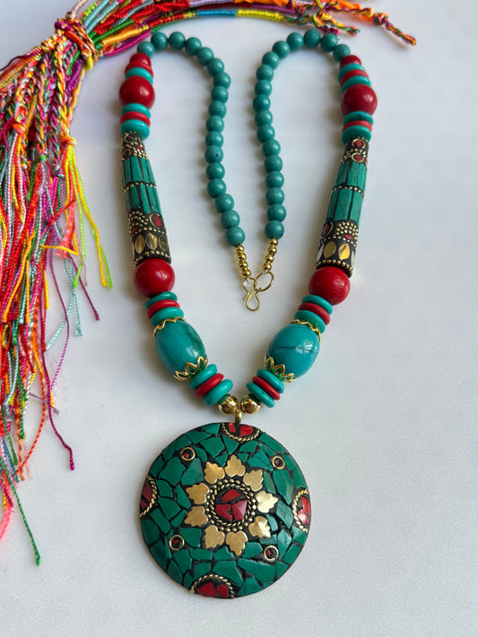 Nepalese Long Necklace with Turquoise Medallion