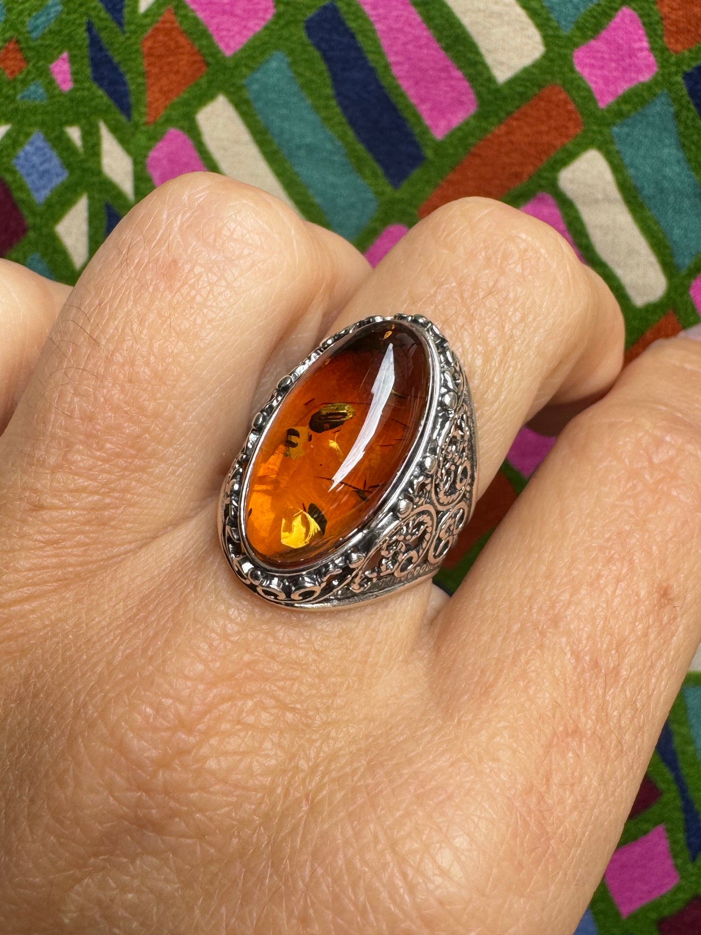 925 silver amber ring size 14 adjustable 58A