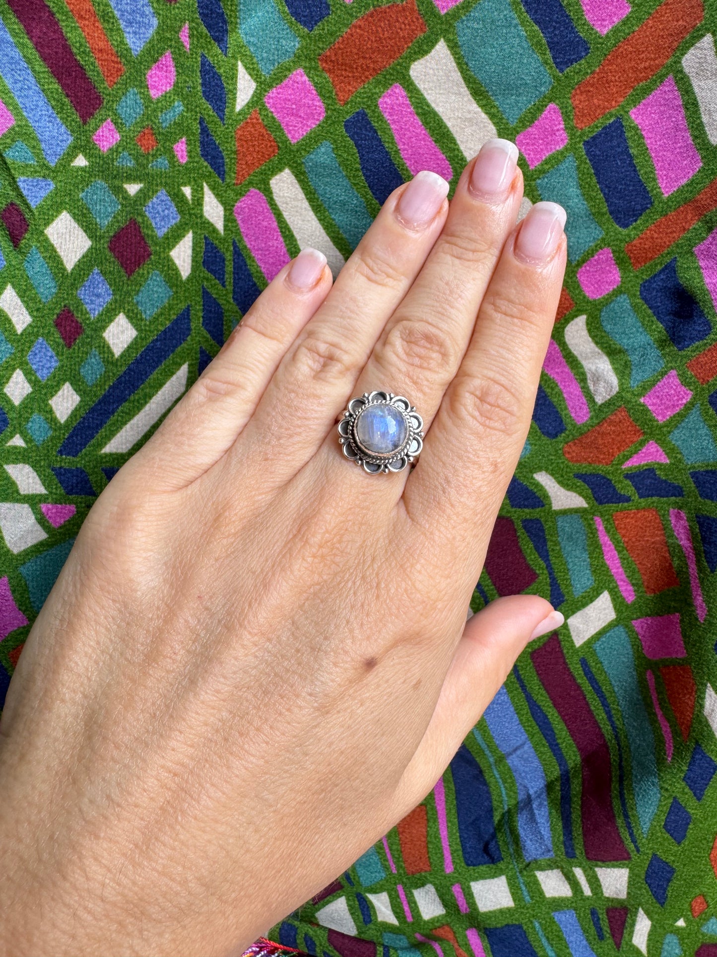 925 Silber Regenbogen Mondstein Ring Größe 16/17 - G4