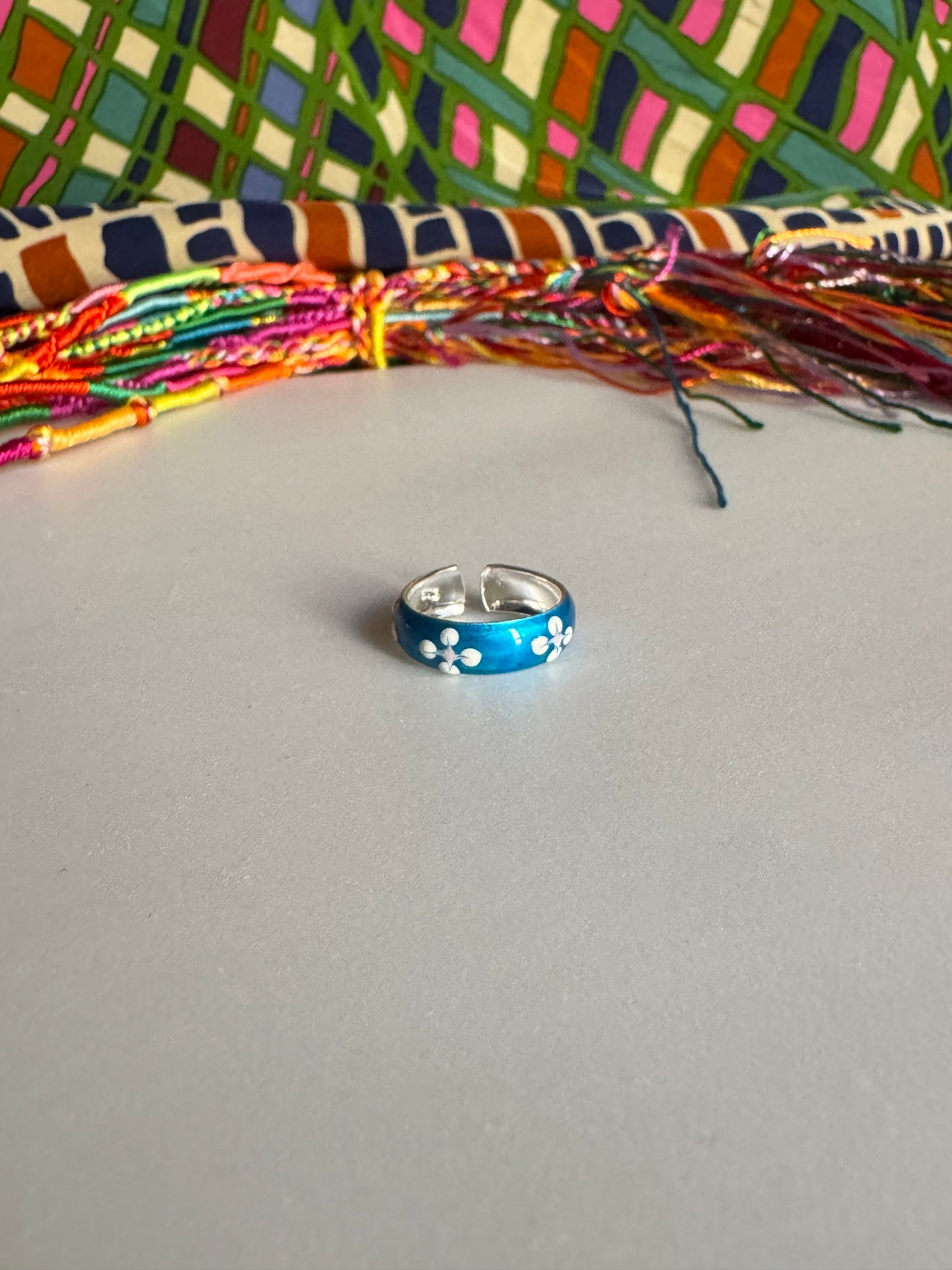 925 silver ring, adjustable phalanx or foot, blue and white flower, 15 mm