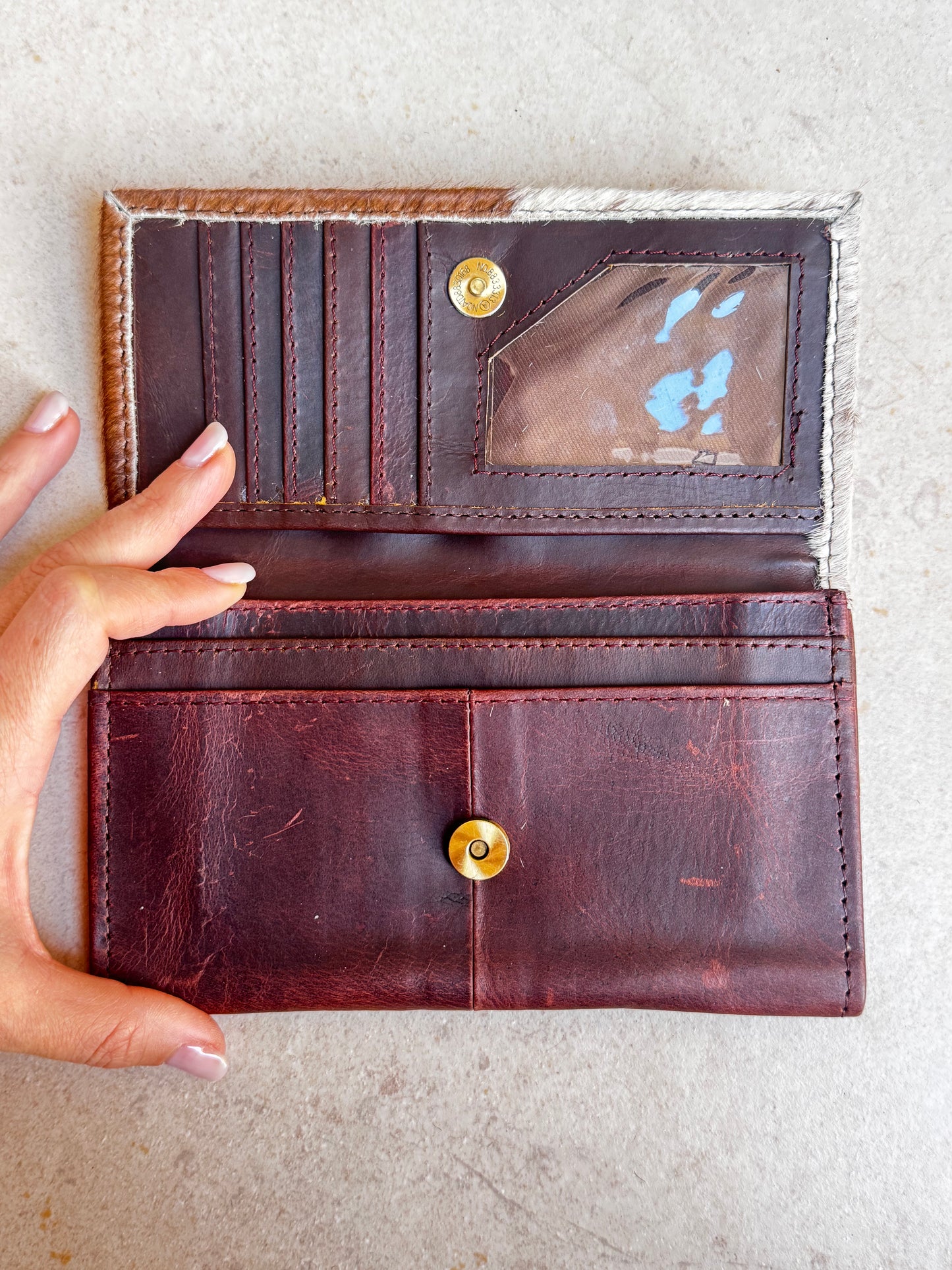 White and brown fur leather wallet