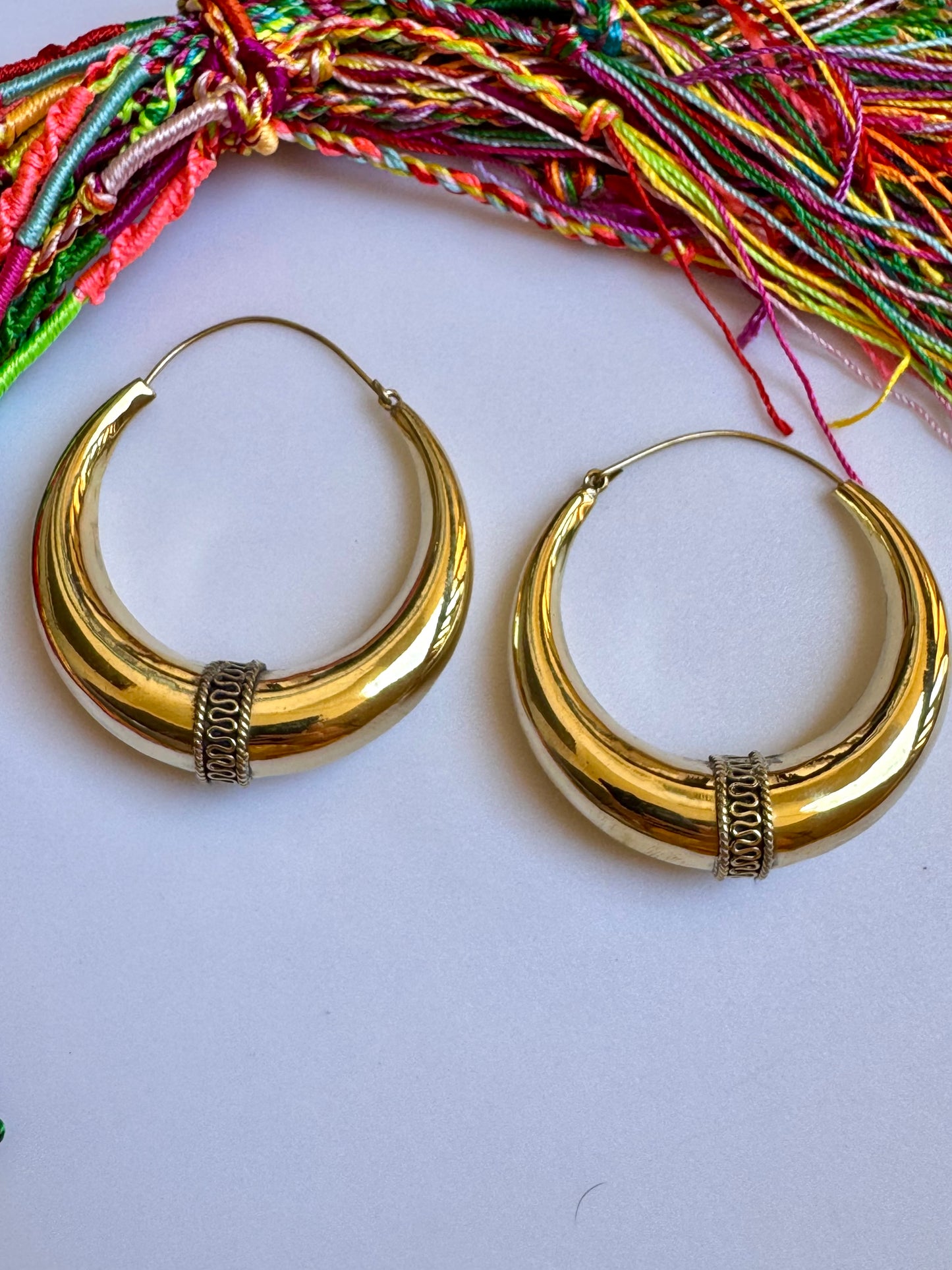 Tribal domed gold hoop boho earrings