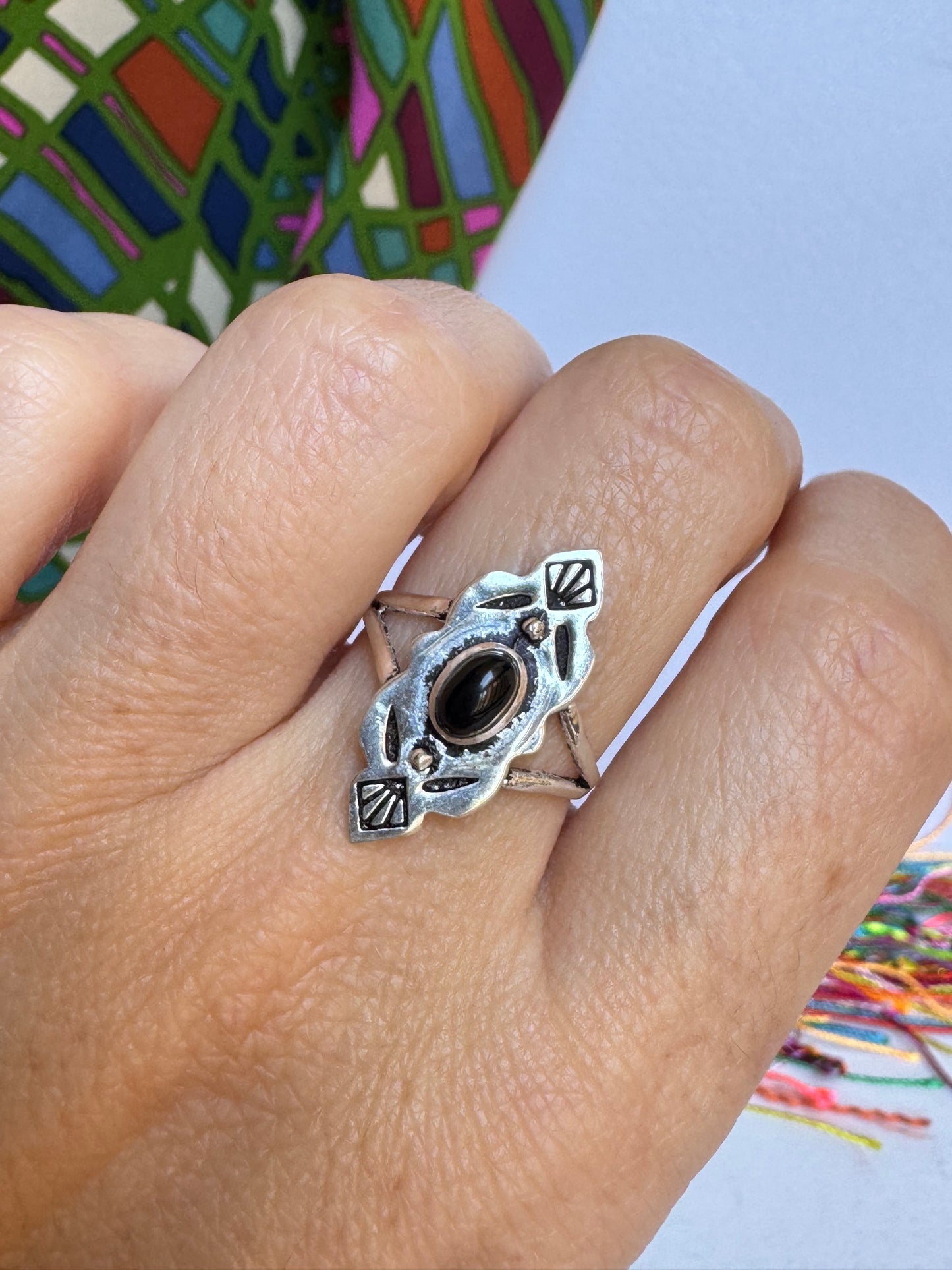 Anello boho argentato onice nero