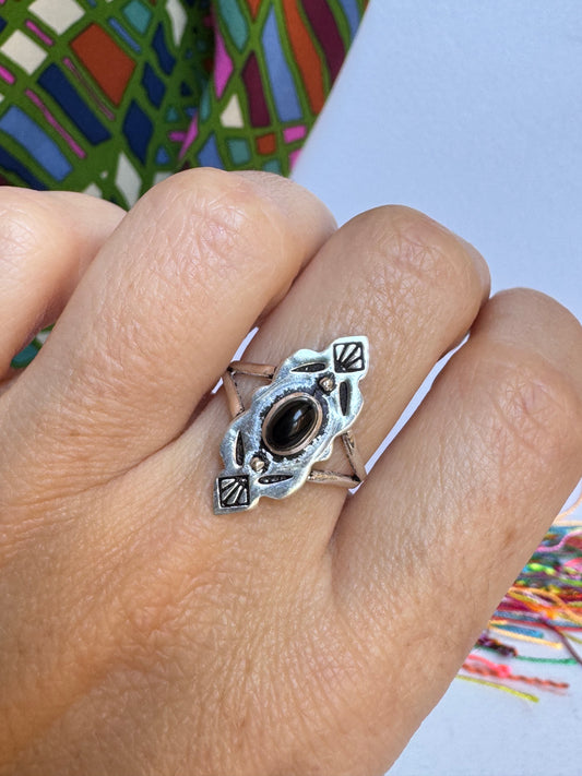Schwarzer Onyx-Silber-Boho-Ring