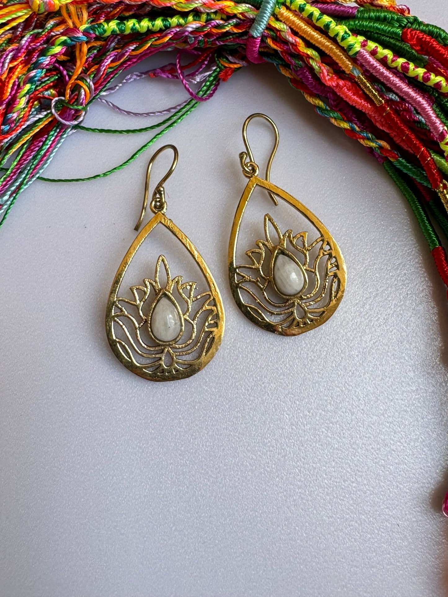 Golden boho moonstone lotus flower drop earrings