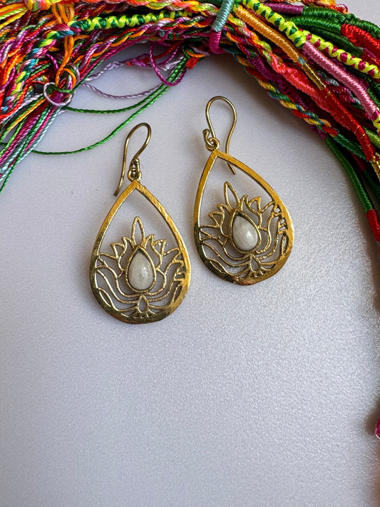 Golden boho moonstone lotus flower drop earrings