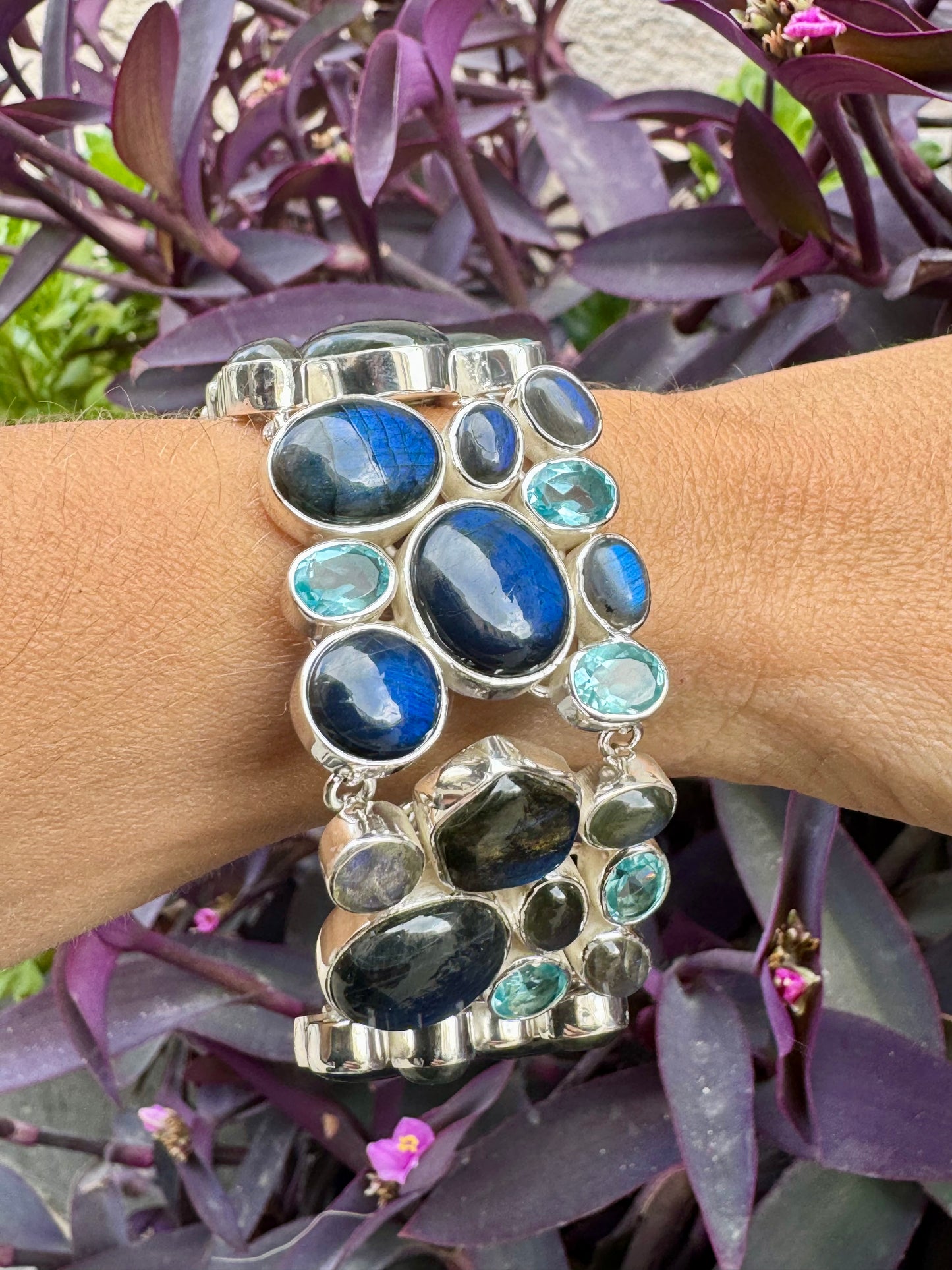 Bracciale polsino argento 925 labradorite - acquamarina