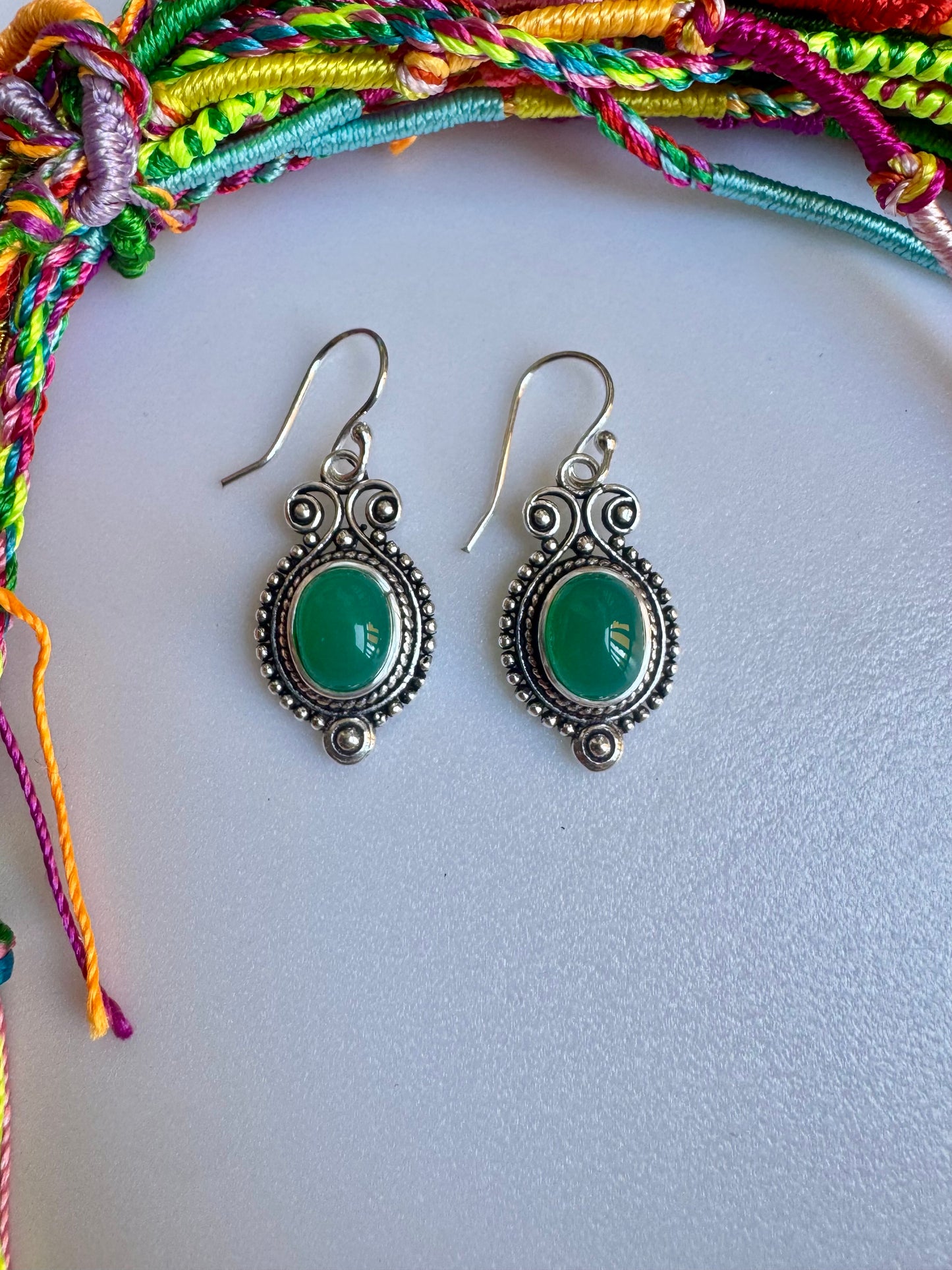 Green silver boho earrings