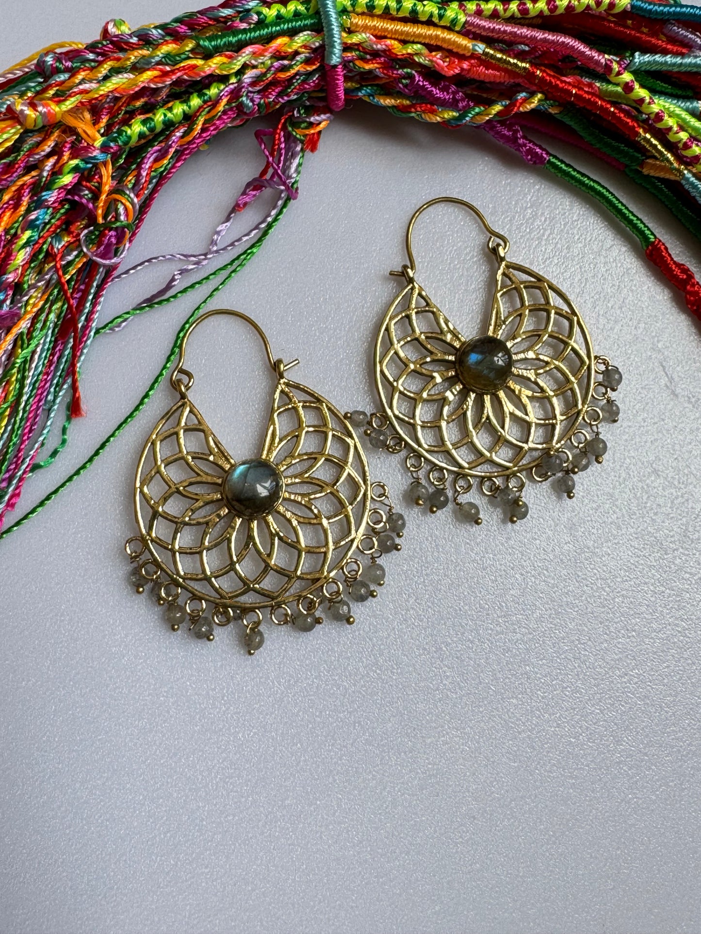 Golden labradorite shield boho earrings