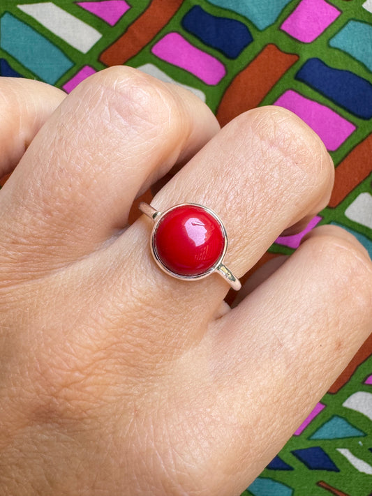 Red Coral Silver Ring T60