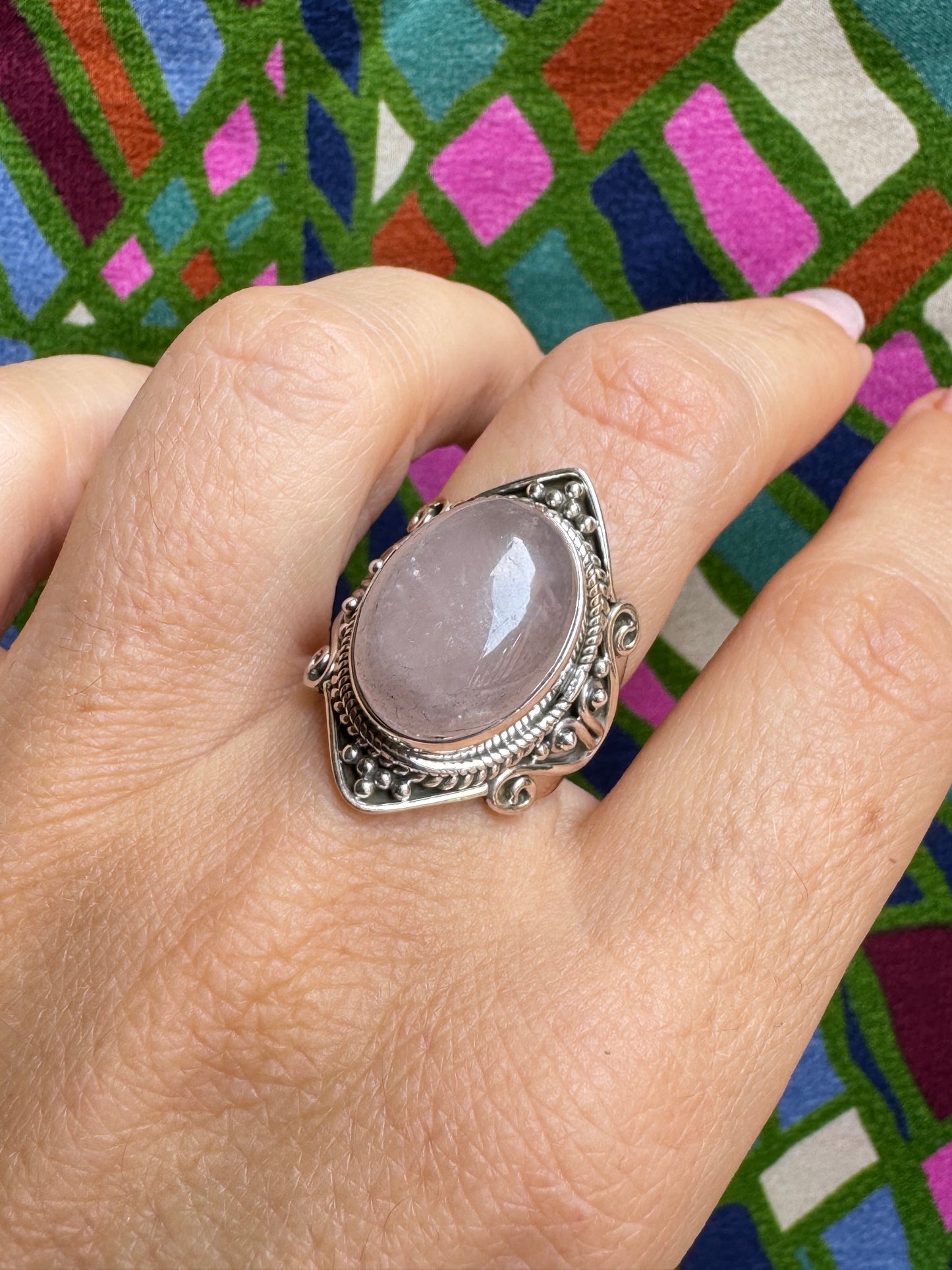 925 Silberring mit Rosenquarz, Größe 14 - X66