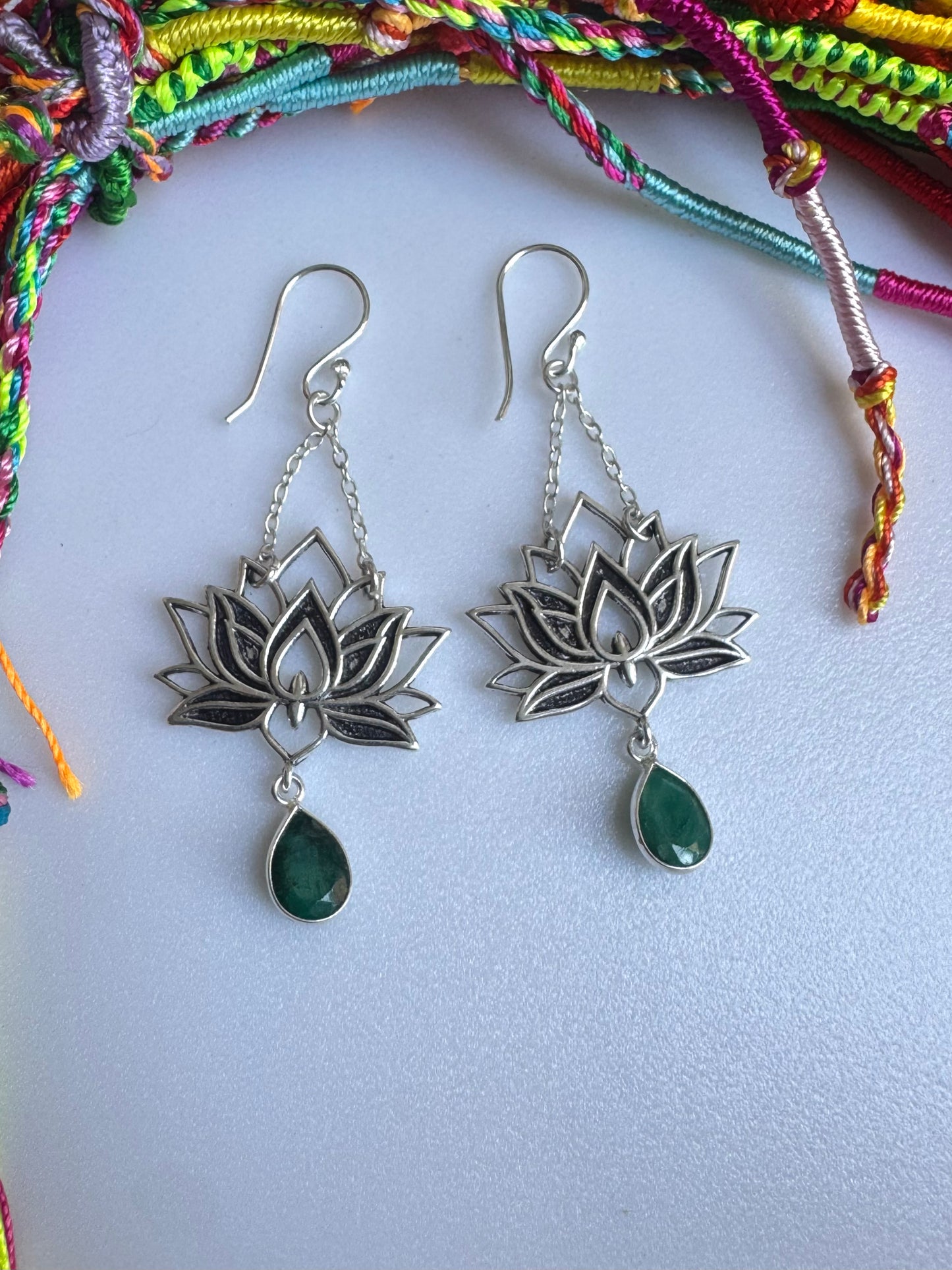 Green silver boho earrings