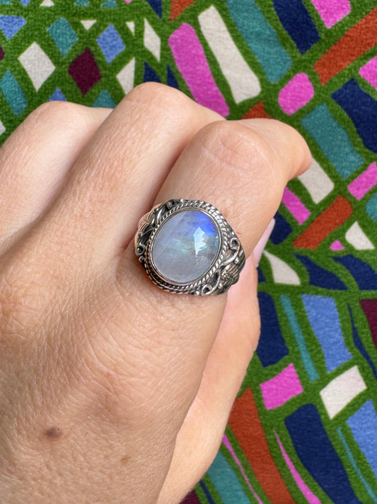 925 Silber Regenbogen Mondstein Ring Größe 19/20 - G6