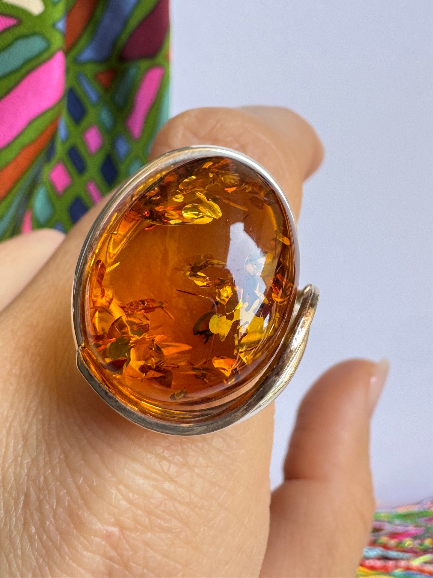 Anello argento 925 ambra misura 18 regolabile 36AMB