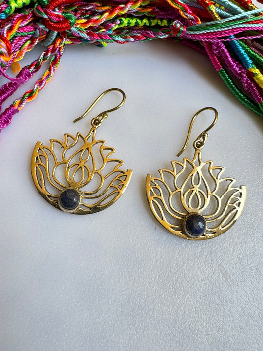 Gold Boho Earrings Lotus Flower Lapis