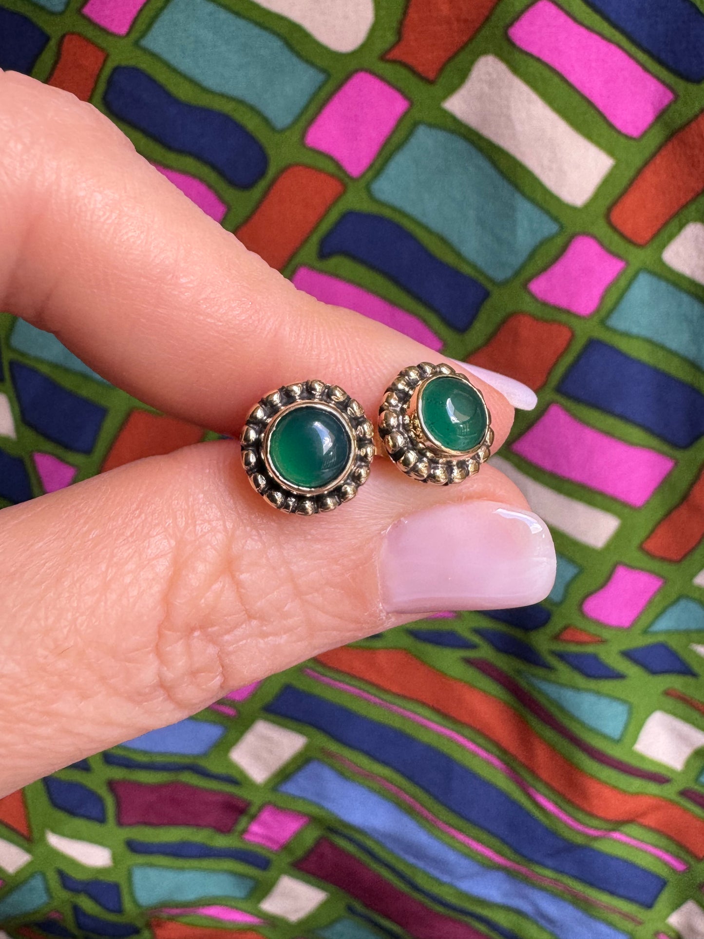 Gold Boho Earrings Green Lobe