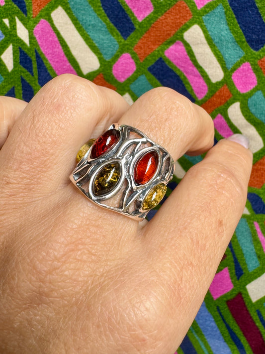 925 silver amber ring size 13/14 adjustable 46A