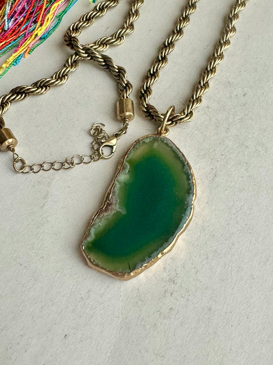 Long golden necklace with green agate