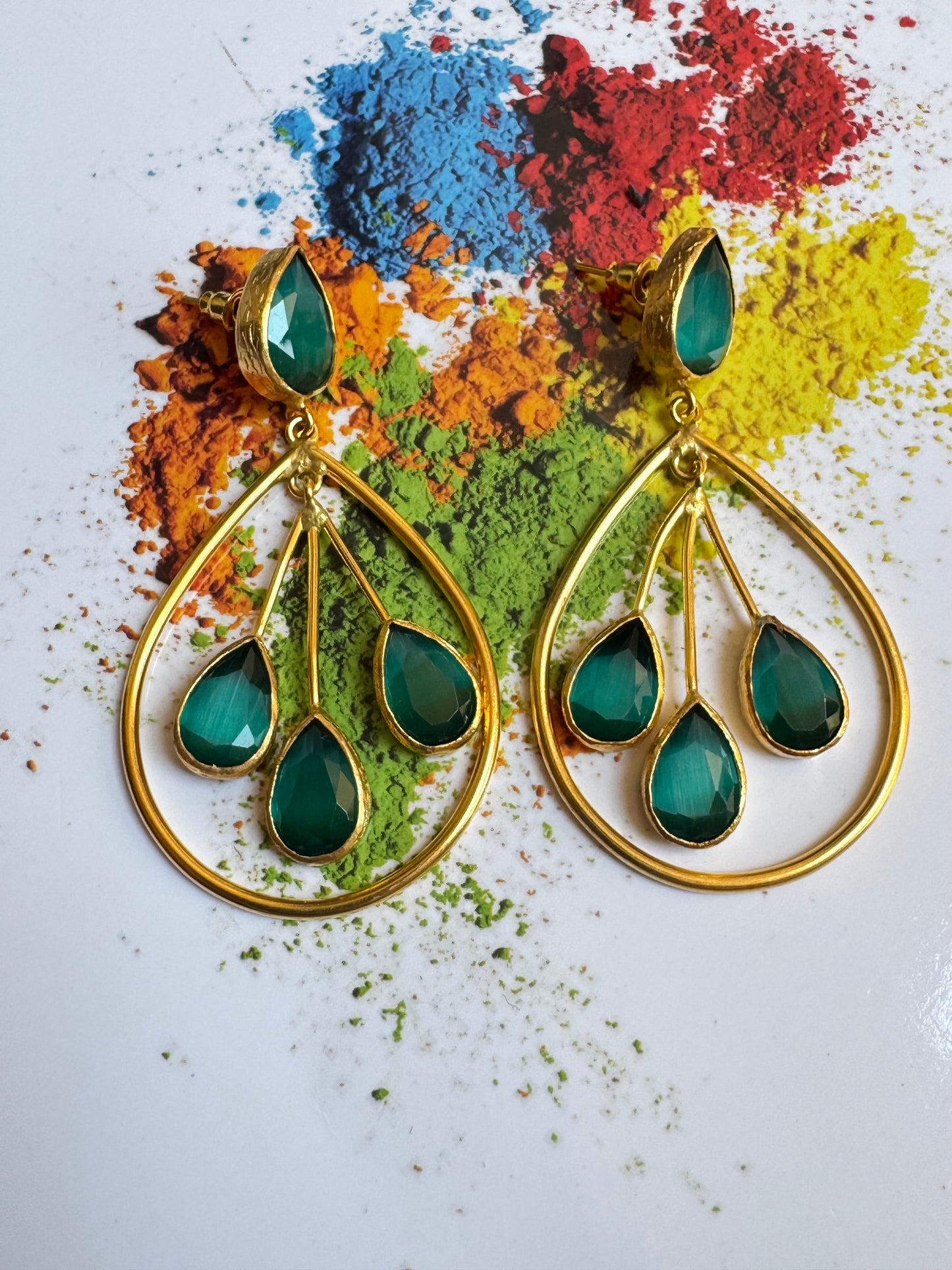 Bottle green three-stone drop earrings
