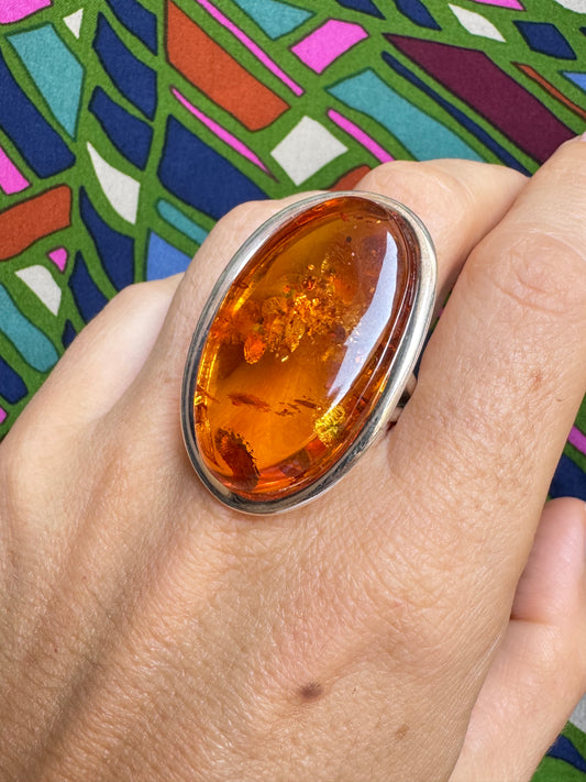 925 silver amber ring size 20 - 21 adjustable 30A