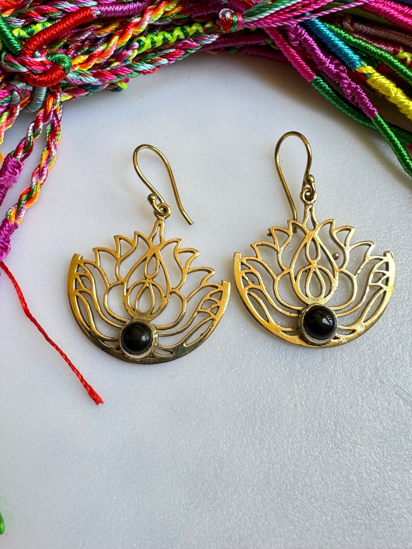 Gold Boho Earrings Black Lotus Flower