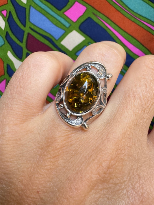 925 silver amber ring size 15 33A