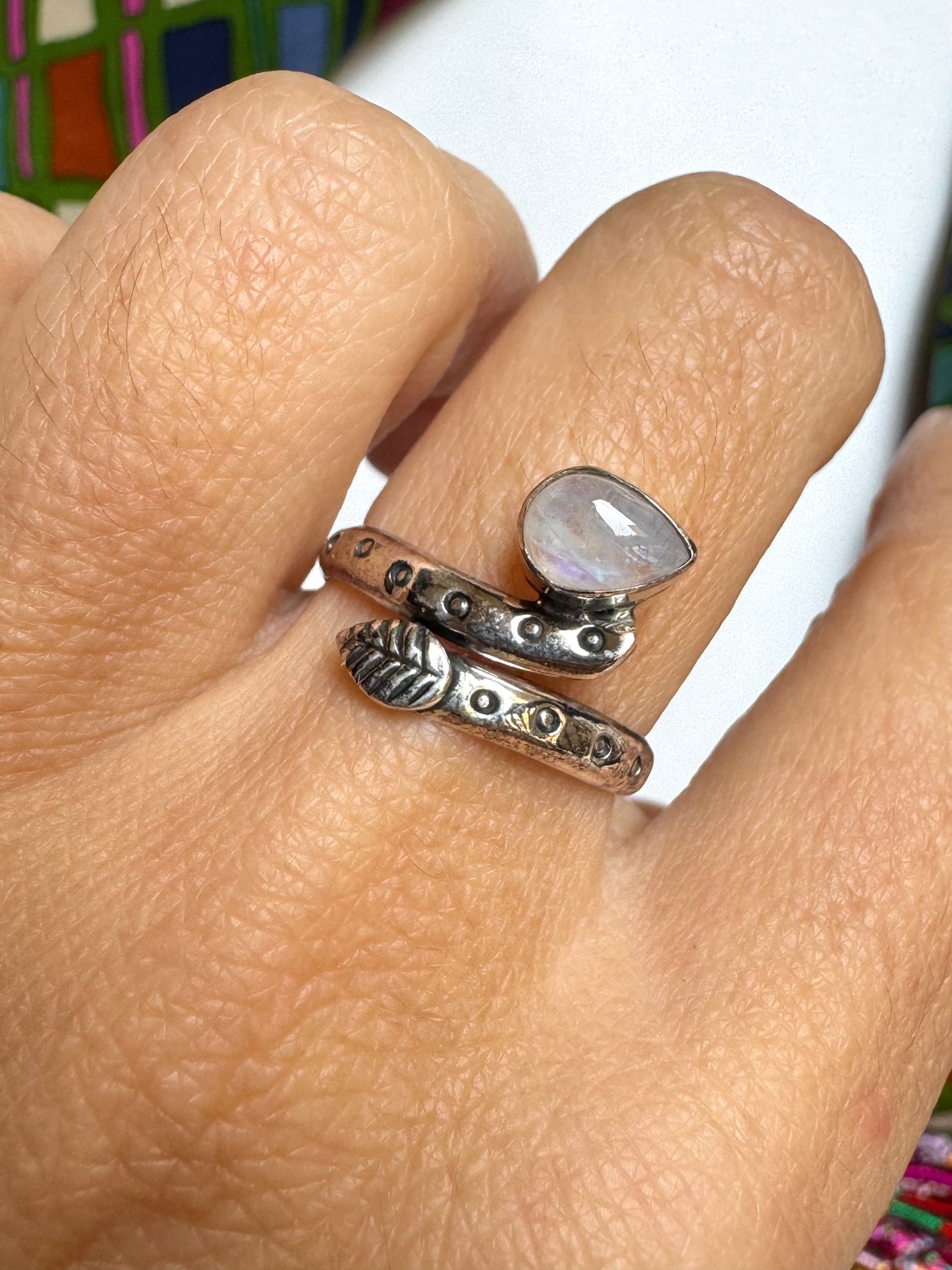 Anello argento 925 Pietra di luna arcobaleno regolabile misura 17 M12