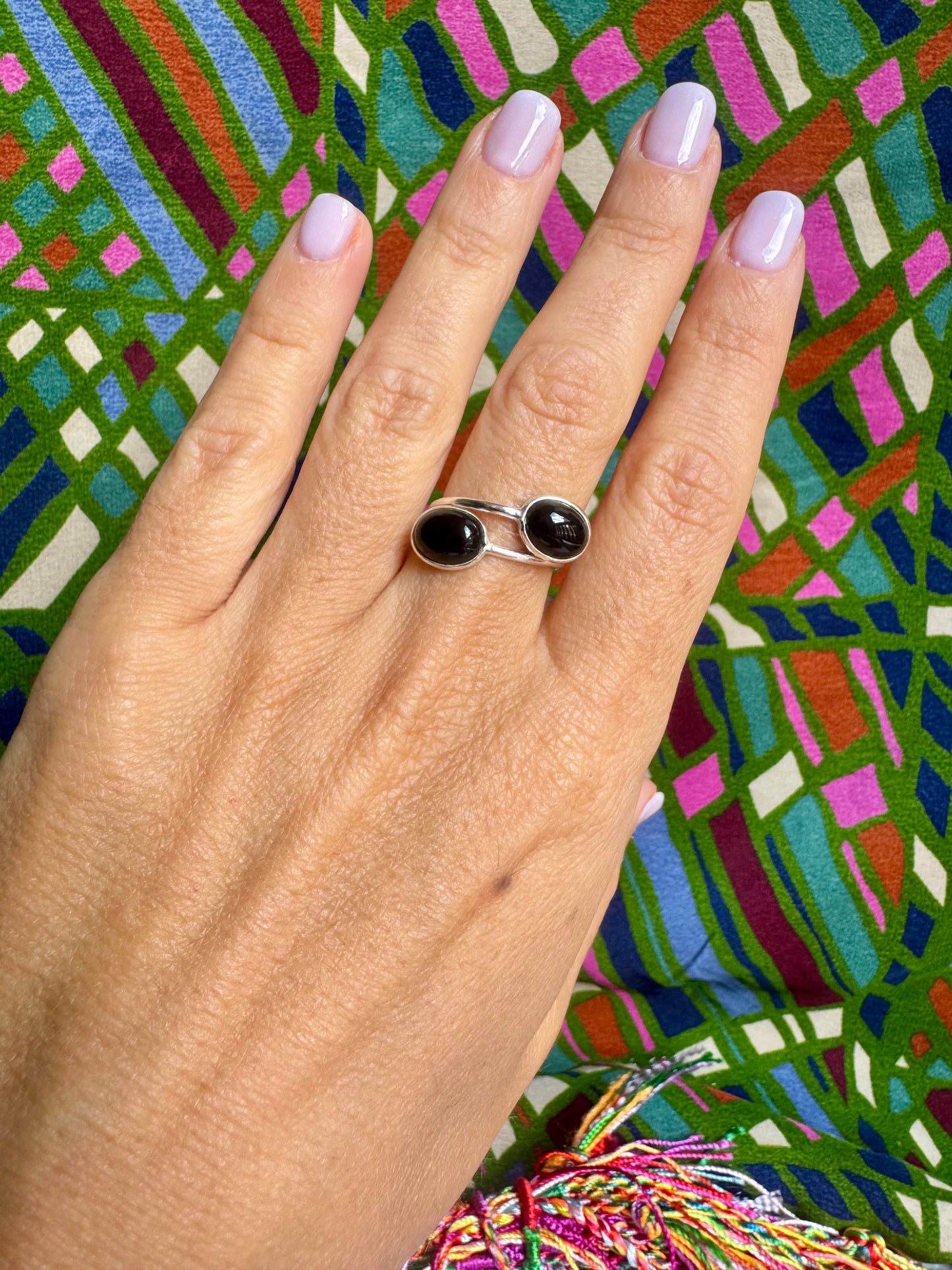 Adjustable black onyx silver ring, size 13 - G17