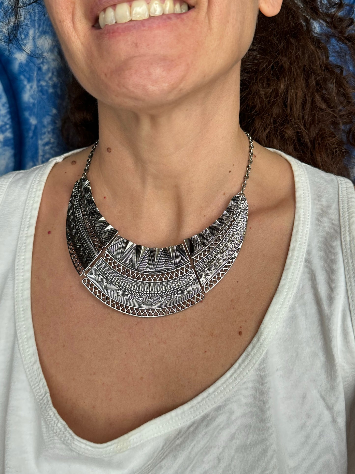 Engraved silver bib necklace