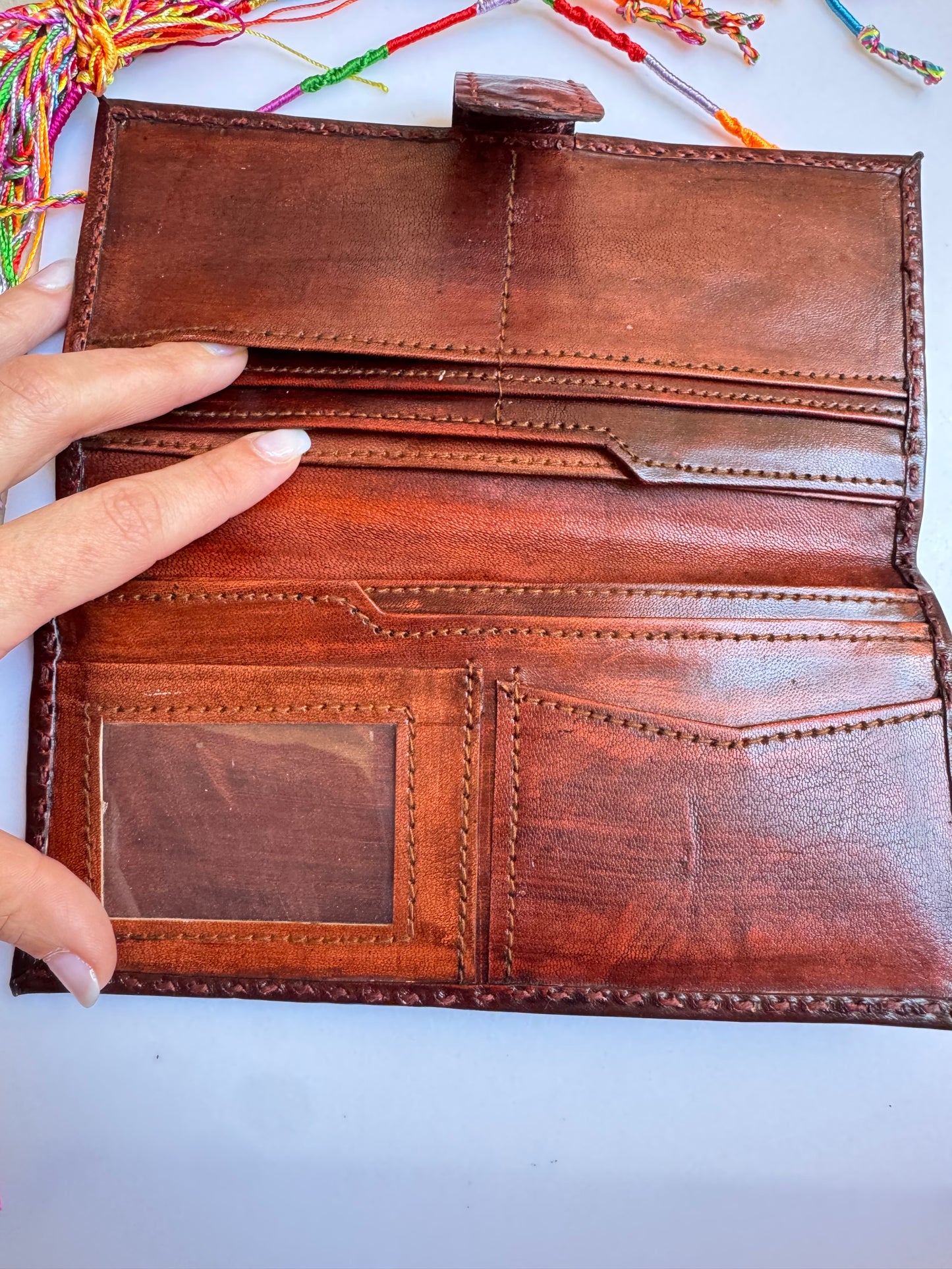 Brown leather cross stitch wallet
