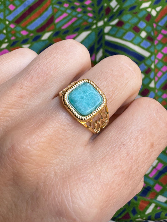 Turquoise golden steel ring