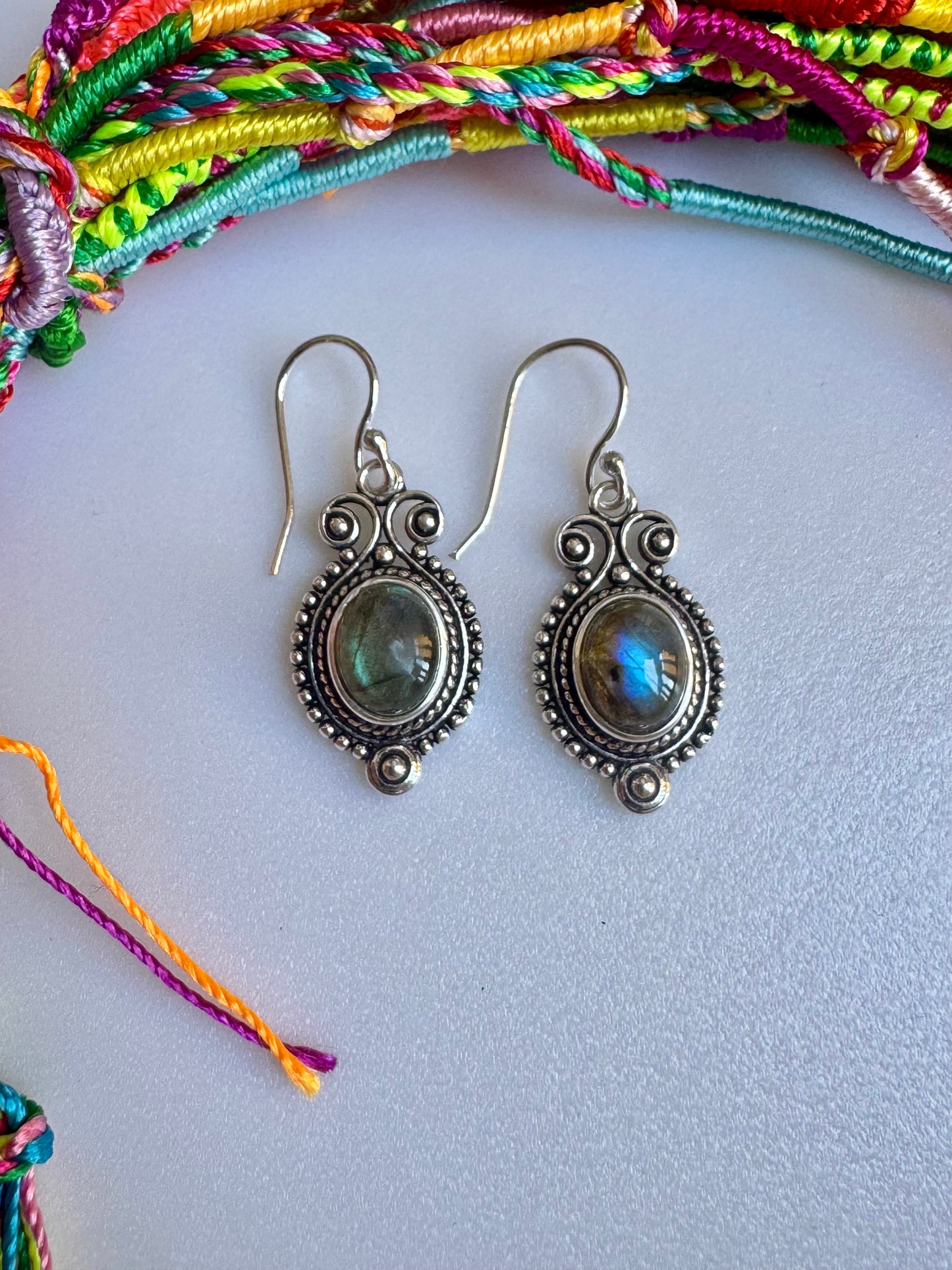 Silver labradorite boho earrings