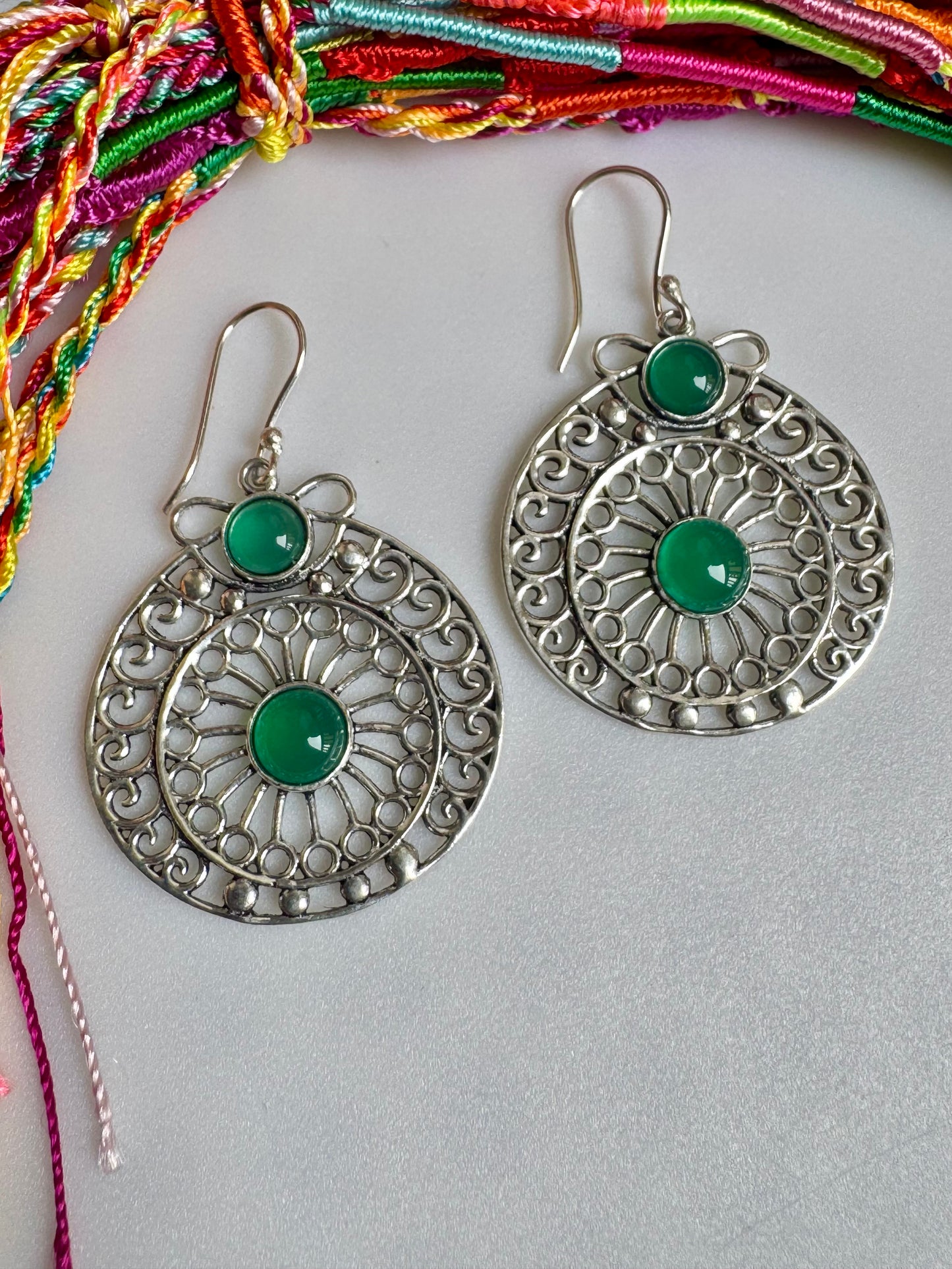 Green silver boho earrings