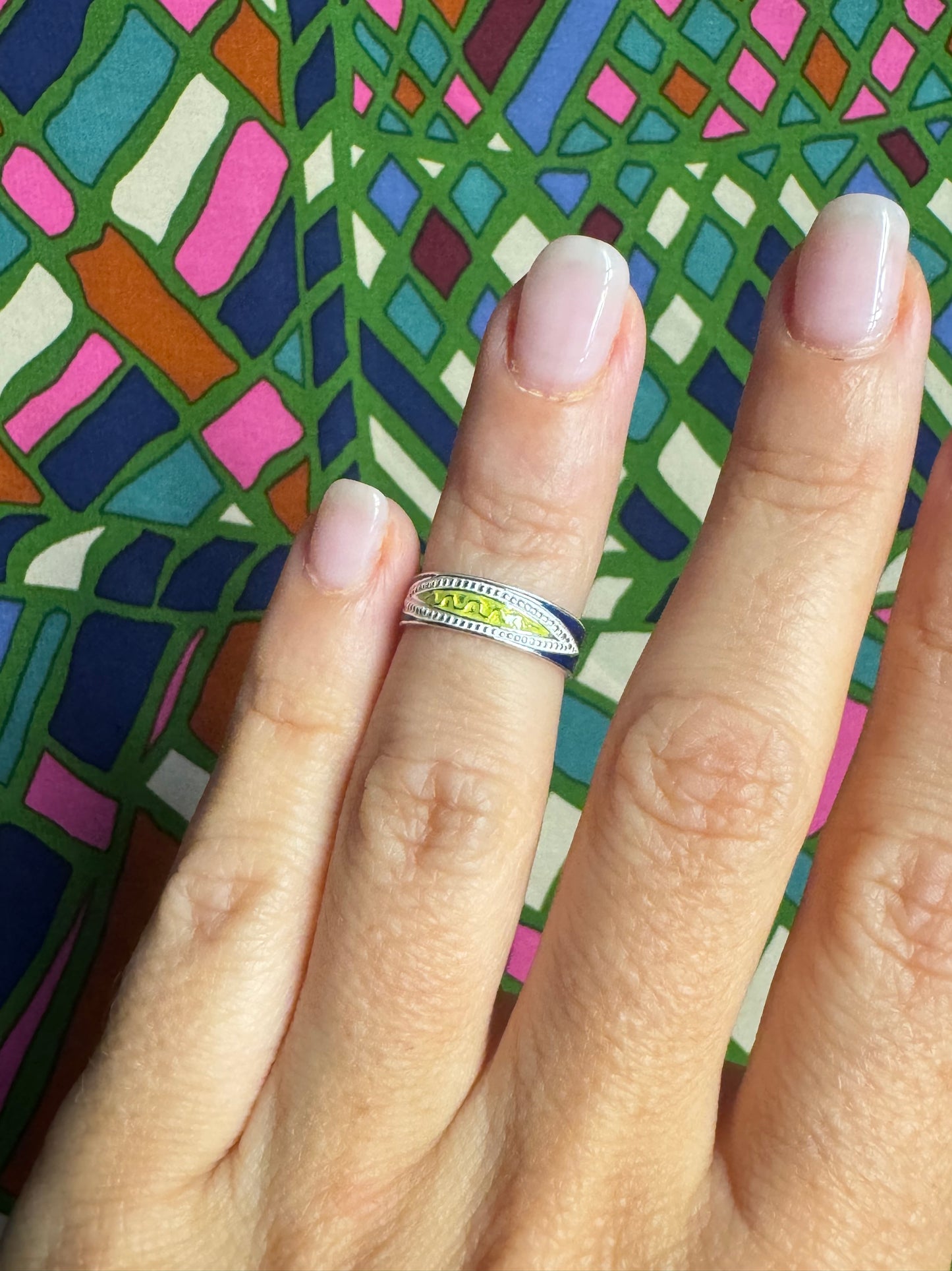 925 silver ring with adjustable phalanx or foot, blue, white and yellow, size 16