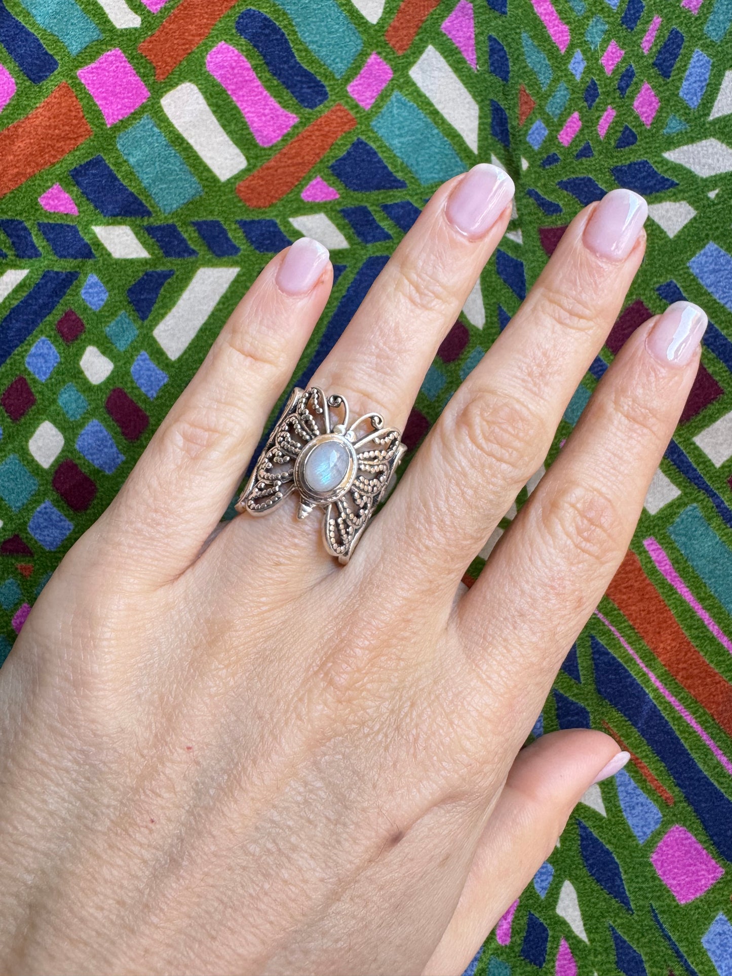 925 Silber Ring Regenbogen Mondstein Größe 14 - F79