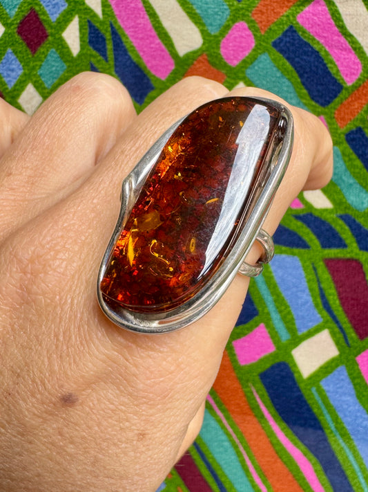 925er Silberring mit Bernstein, Größe 21, verstellbar 56A