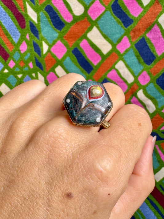 Antiker, bemalter Keramikring im Vintage-Stil, Größe 16