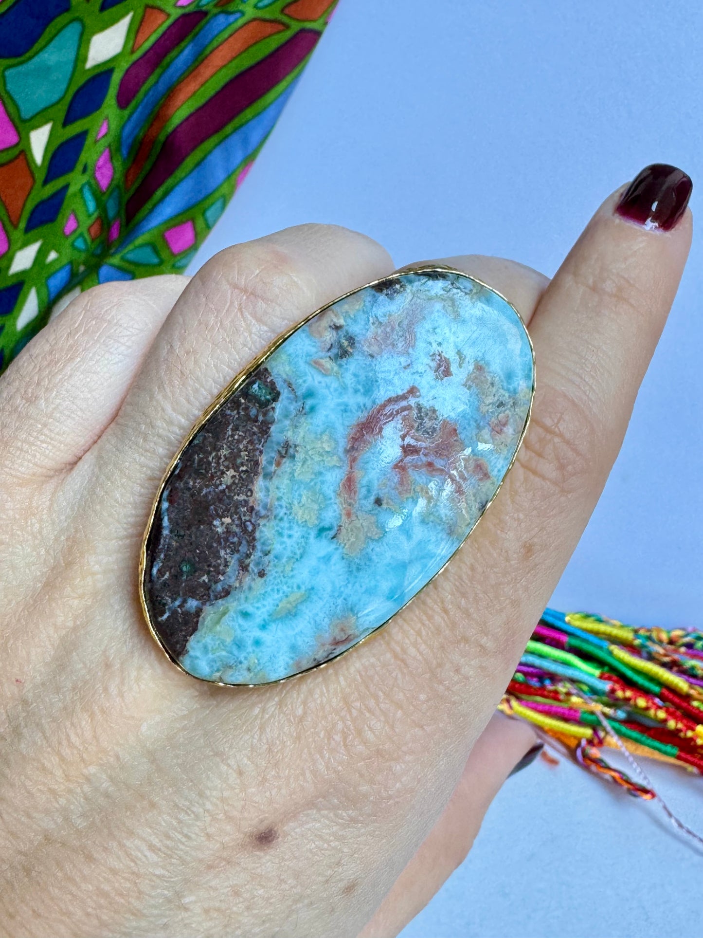 Anello boho dorato larimar regolabile