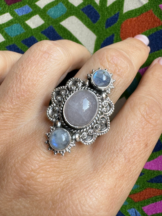 925 silver ring rose quartz and rainbow moonstone size 14/15 - E98