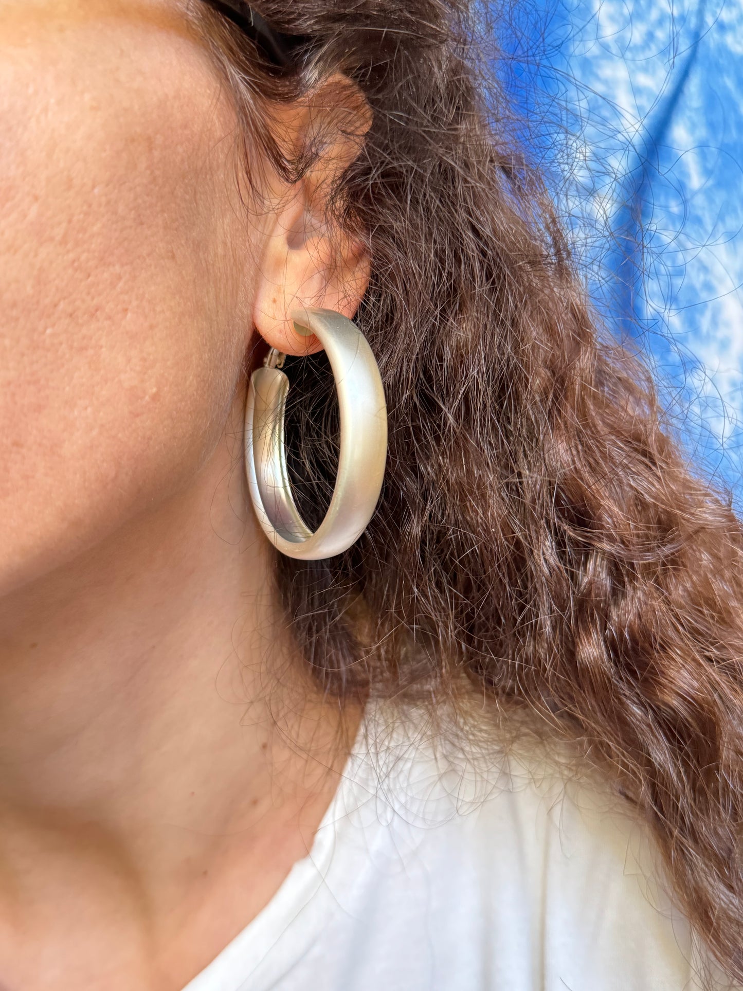 Large satin silver hoop earrings