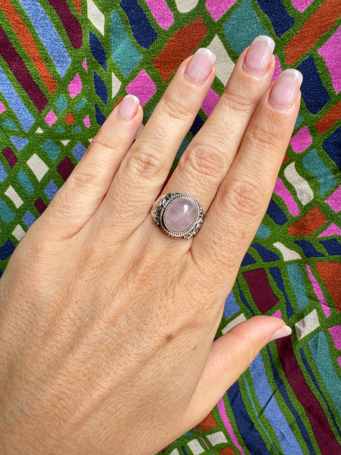 925 Silberring mit Rosenquarz, Größe 17 - X65