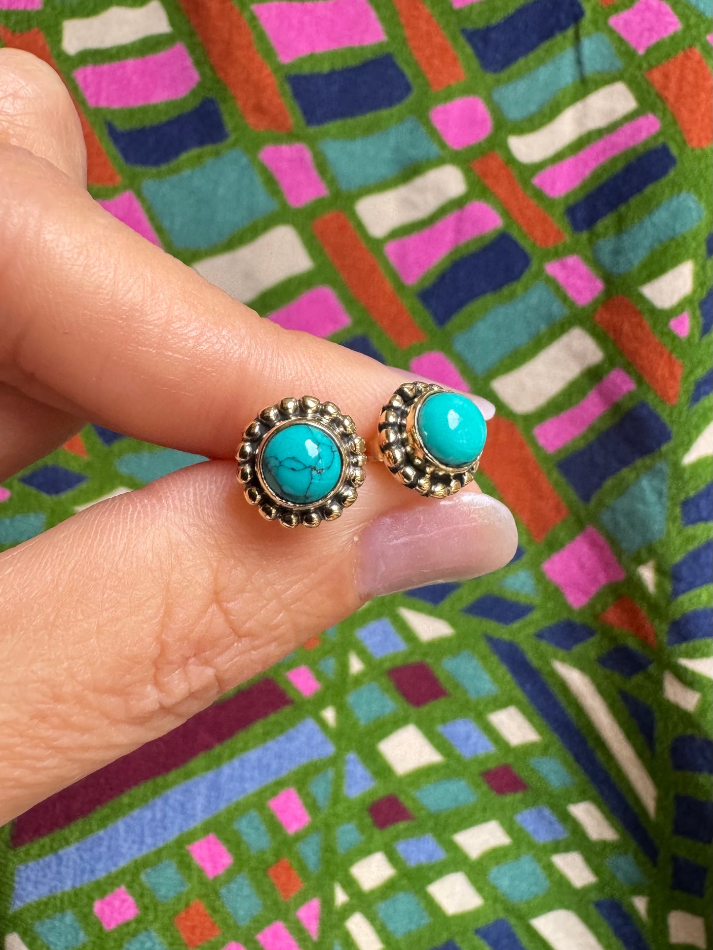Gold-plated boho earrings with turquoise studs