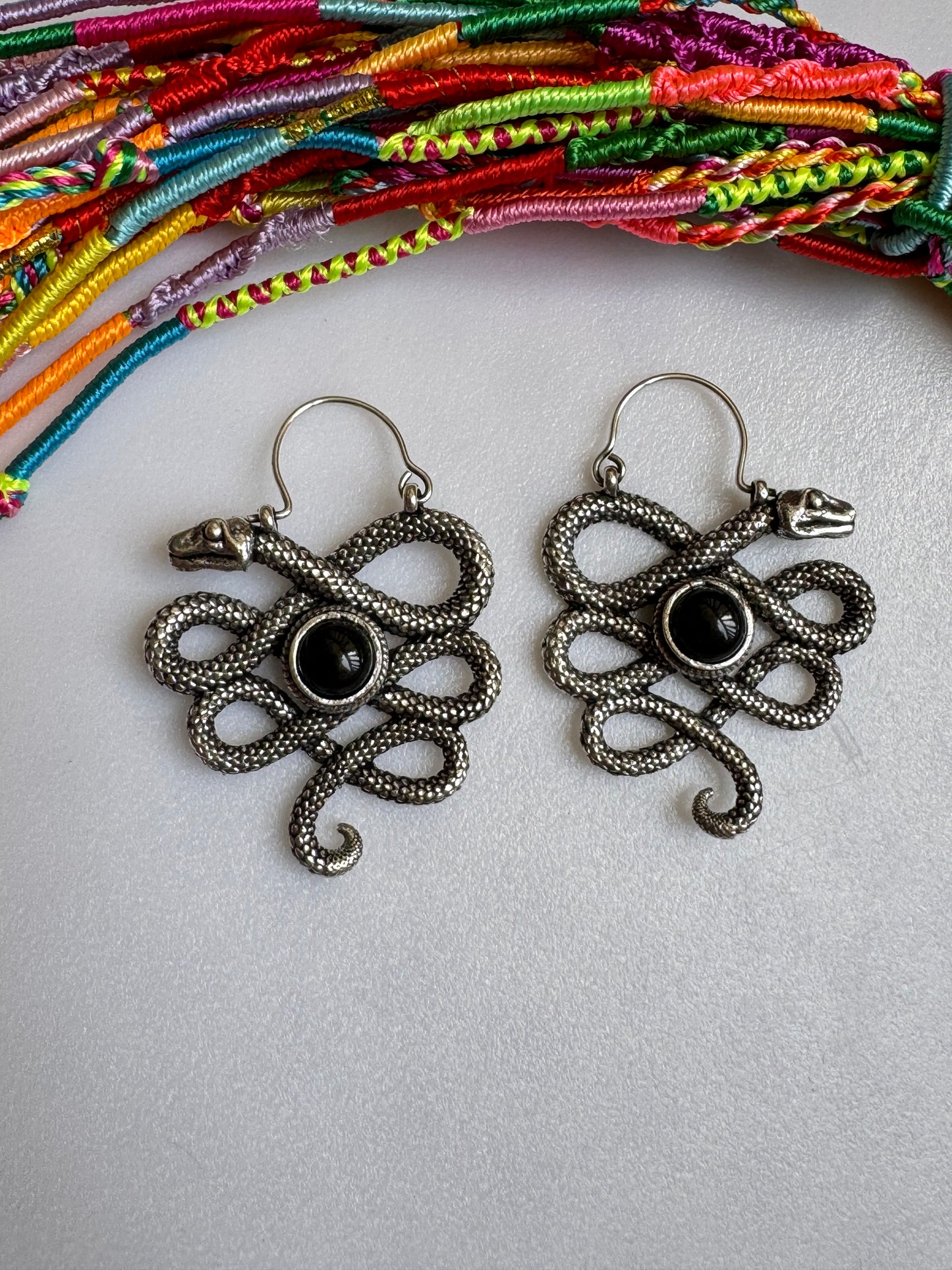 Silver onyx snake boho earrings