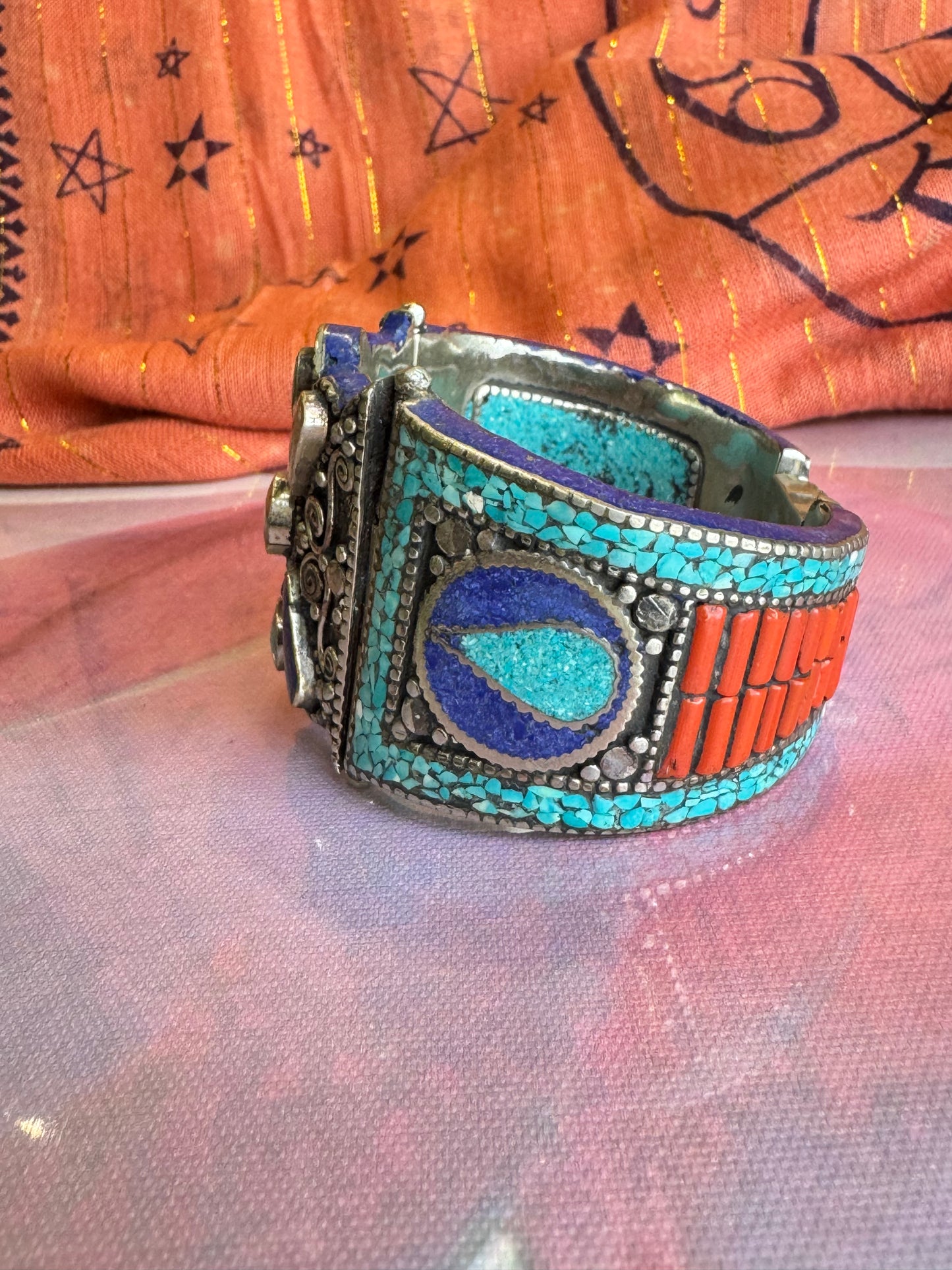 Vintage Nepalese pink and blue turquoise flower bangle bracelet