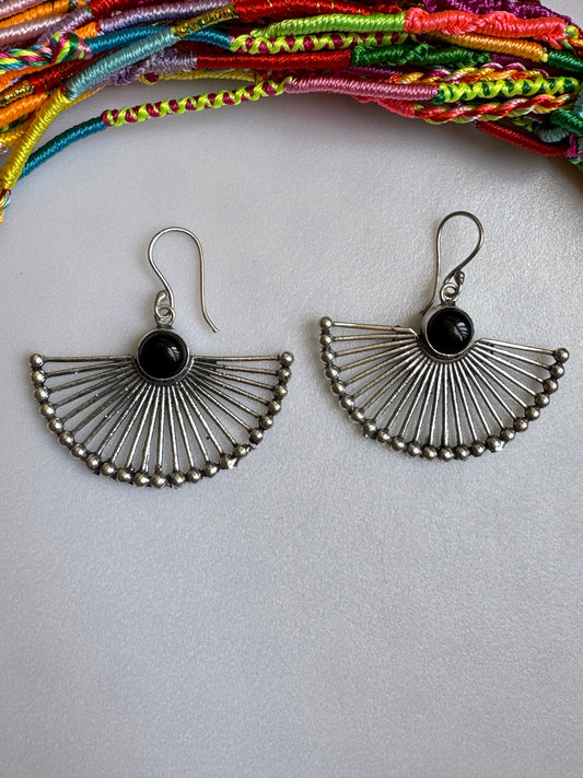 Boho silver onyx fan earrings