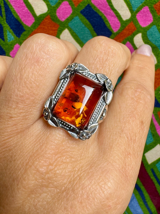 925 silver amber ring size 15 adjustable 48A